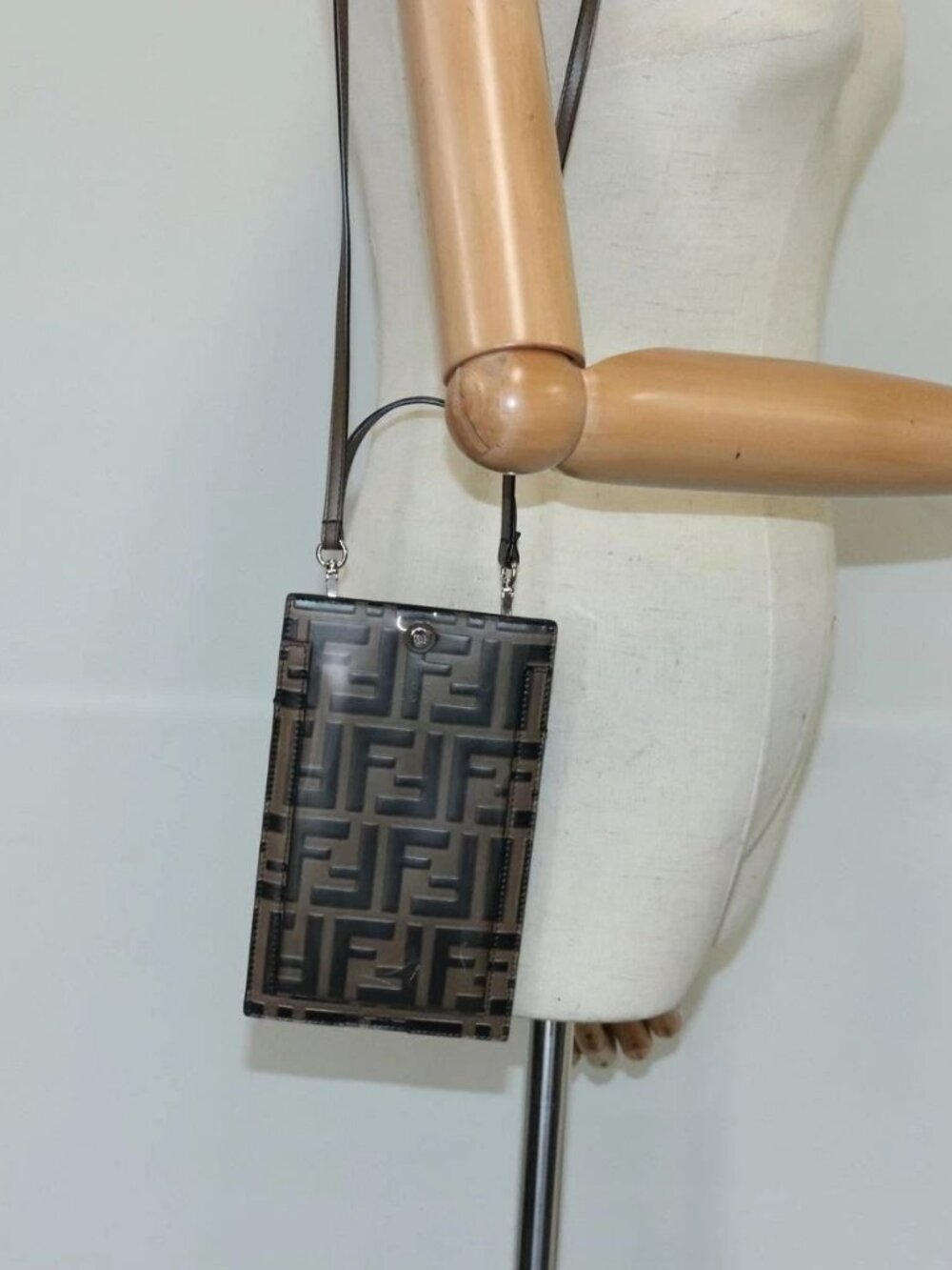 FENDI Zucca Canvas Smartphone Holder Brown Black Silver 7AR737 A5TL Auth 97888V